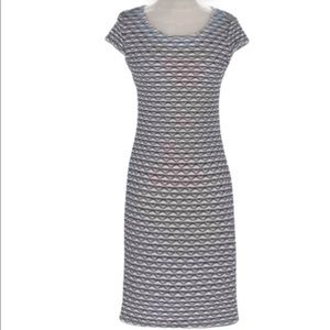 SHARAGANO Black and White Midi Sheath Dress